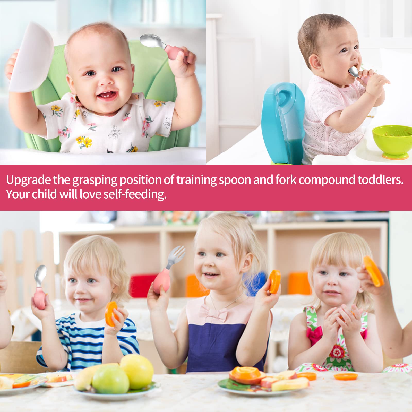 Deejoy Toddler Utensils, Toddler Spoons and Forks, Stainless Steel Spoon Toddler Silverware Set, Kids Silverware Self Feeding Fl